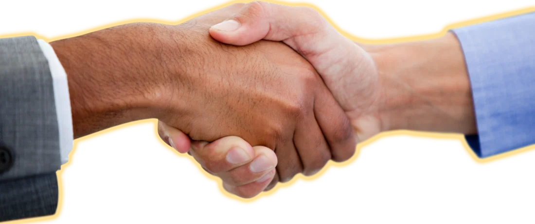 Two people shaking hands, outlined in golden amber.